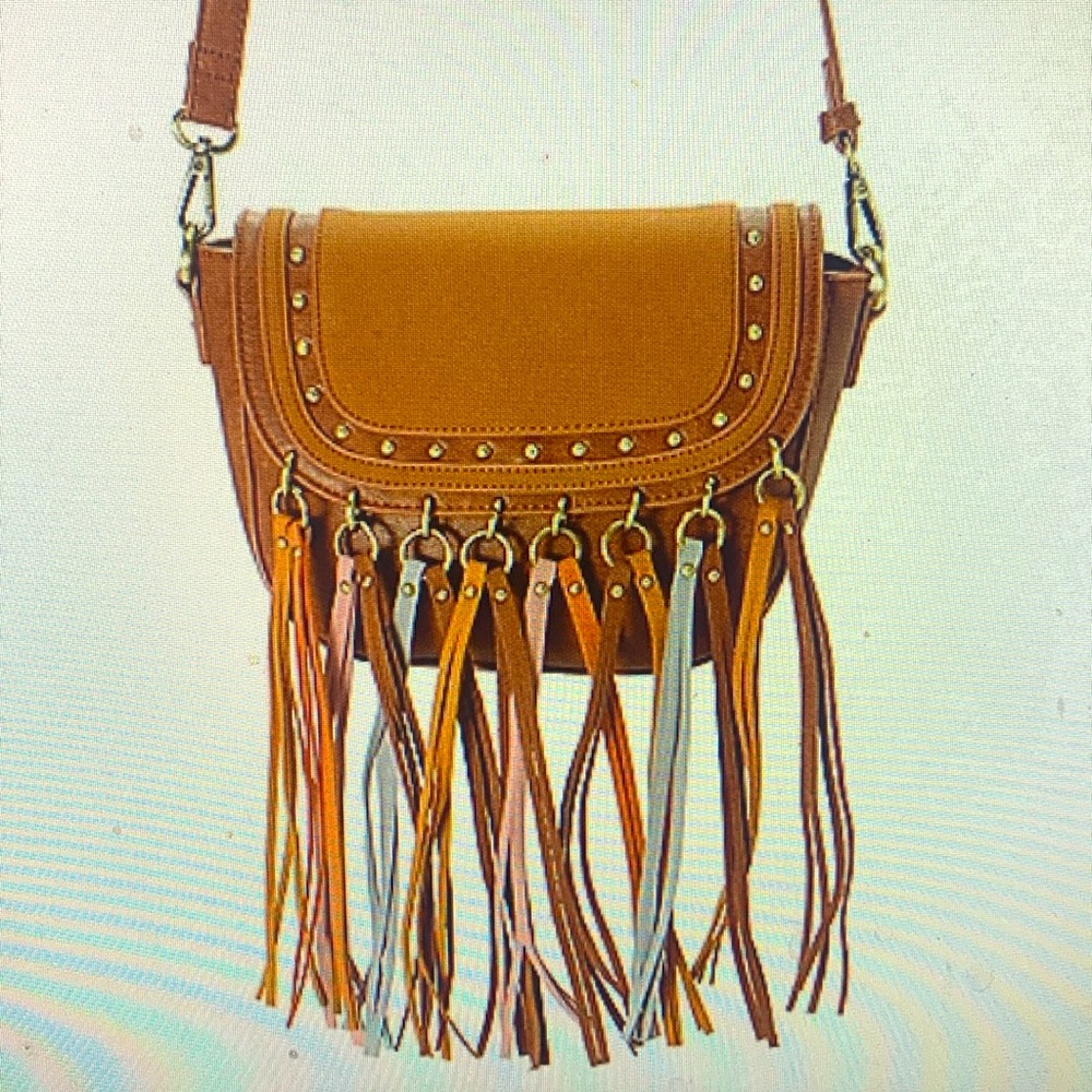 Boho style fringe saddle bag brass tone hardware